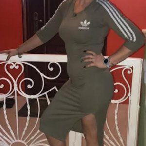 3 stripe olive green Adidas maxi dress with slit